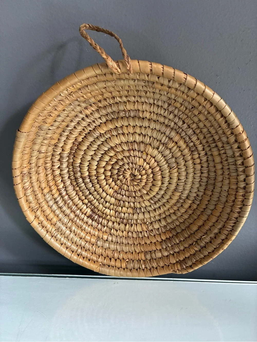 Handwoven Round Rattan  Coiled Basket With Hanger Attached - Natural Brown
